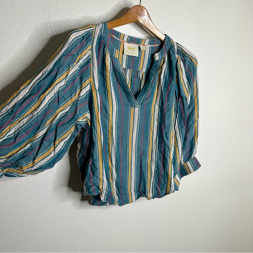 Anthropologie Maeve Teal Striped Oversized Balloon Sleeve Blouse Size Small - Picture 8 of 10